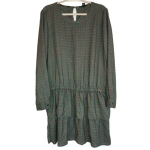 Scotch & Soda Green Dress Red Floral Print Size XL Double Ruffle Long Sleeves